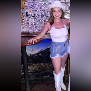 Punchy Blonde Blue B rhinestone denim shorts